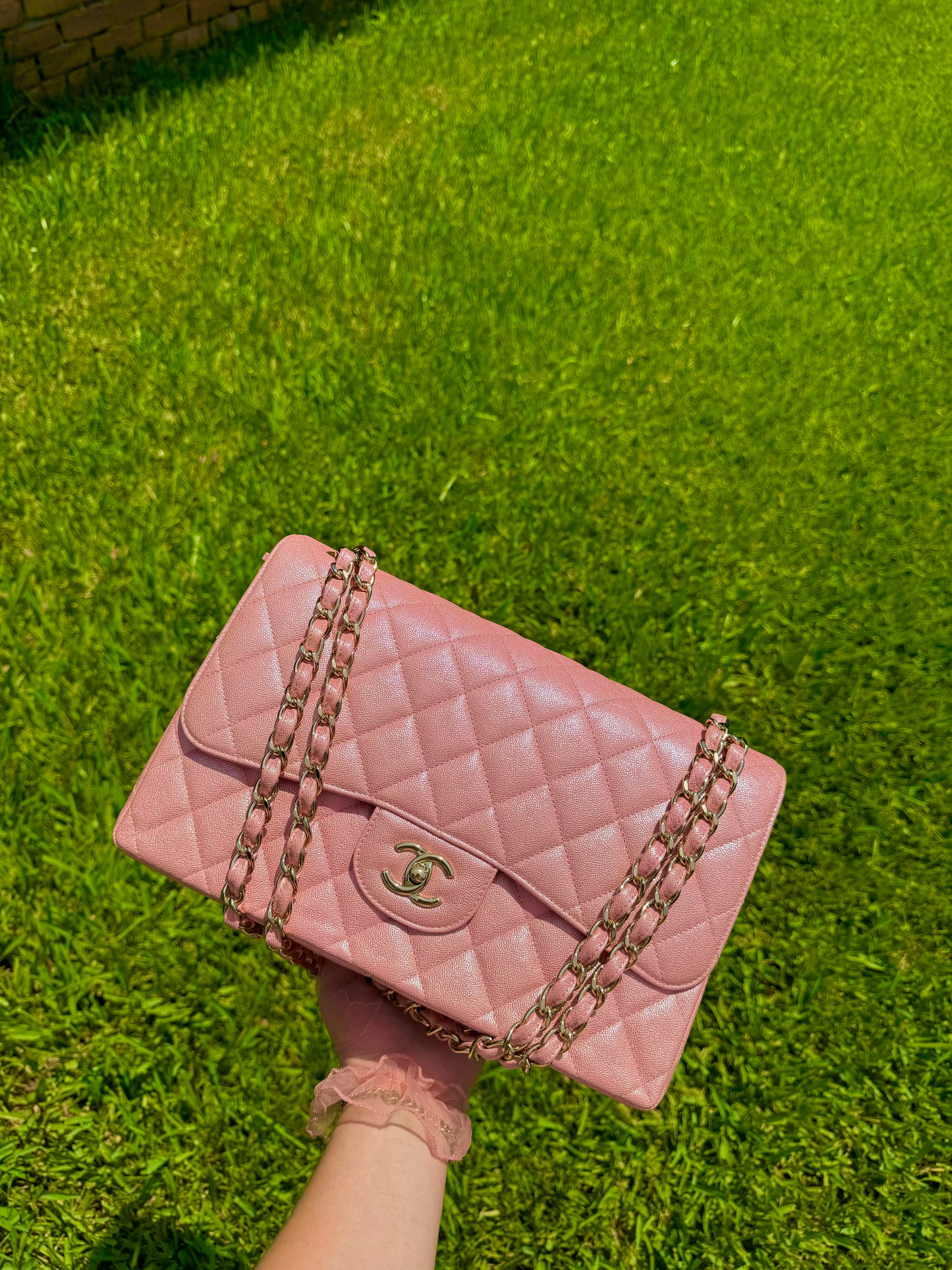 Chanel 19S Pink Iridescent Jumbo Caviar Double Flap Bag