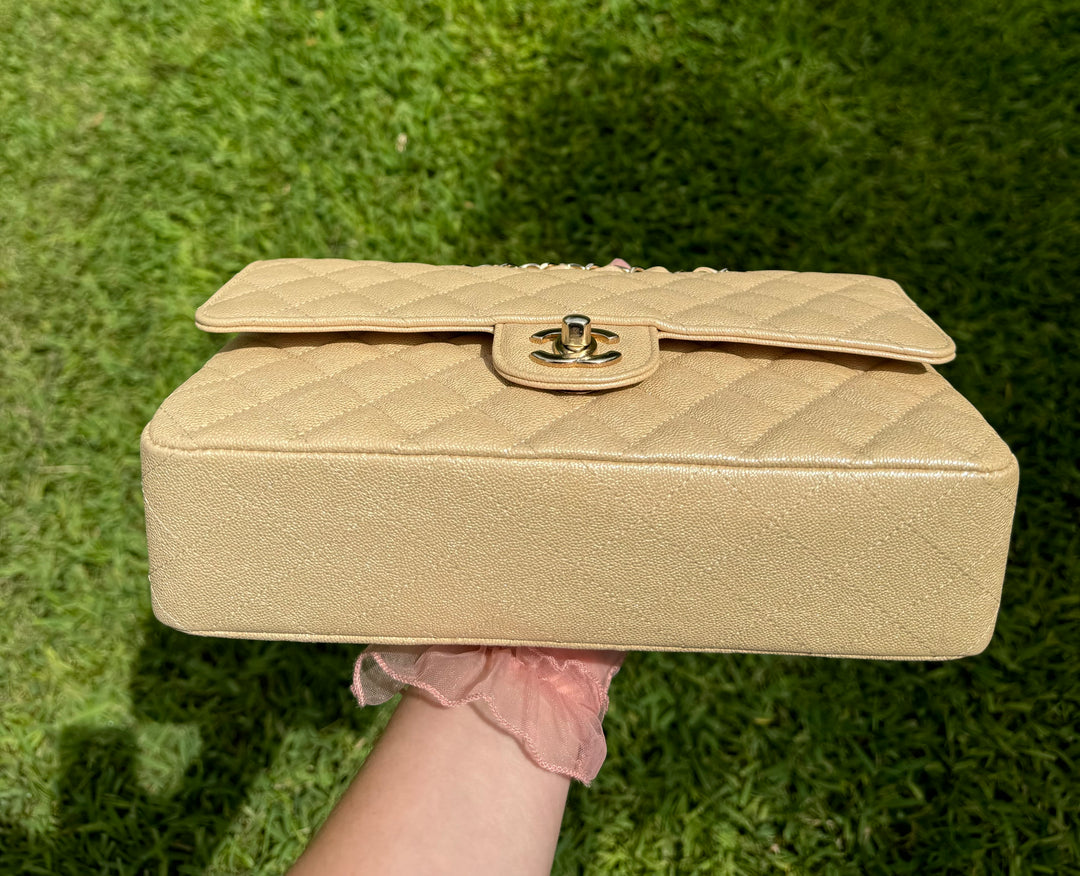 Chanel 19S Beige Iridescent Medium Caviar Classic Flap