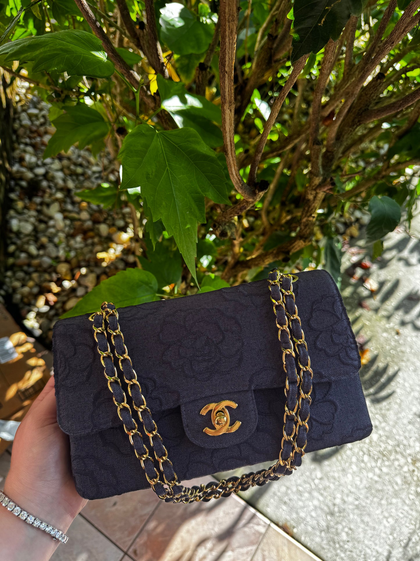 Chanel 1997 Medium 24K Navy Camellia Classic Flap Bag