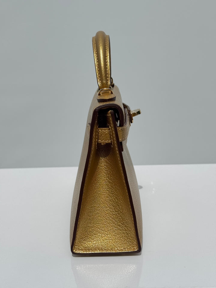 Hermes Mini Sellier Gold Metallic Chevre Dore Kelly 20