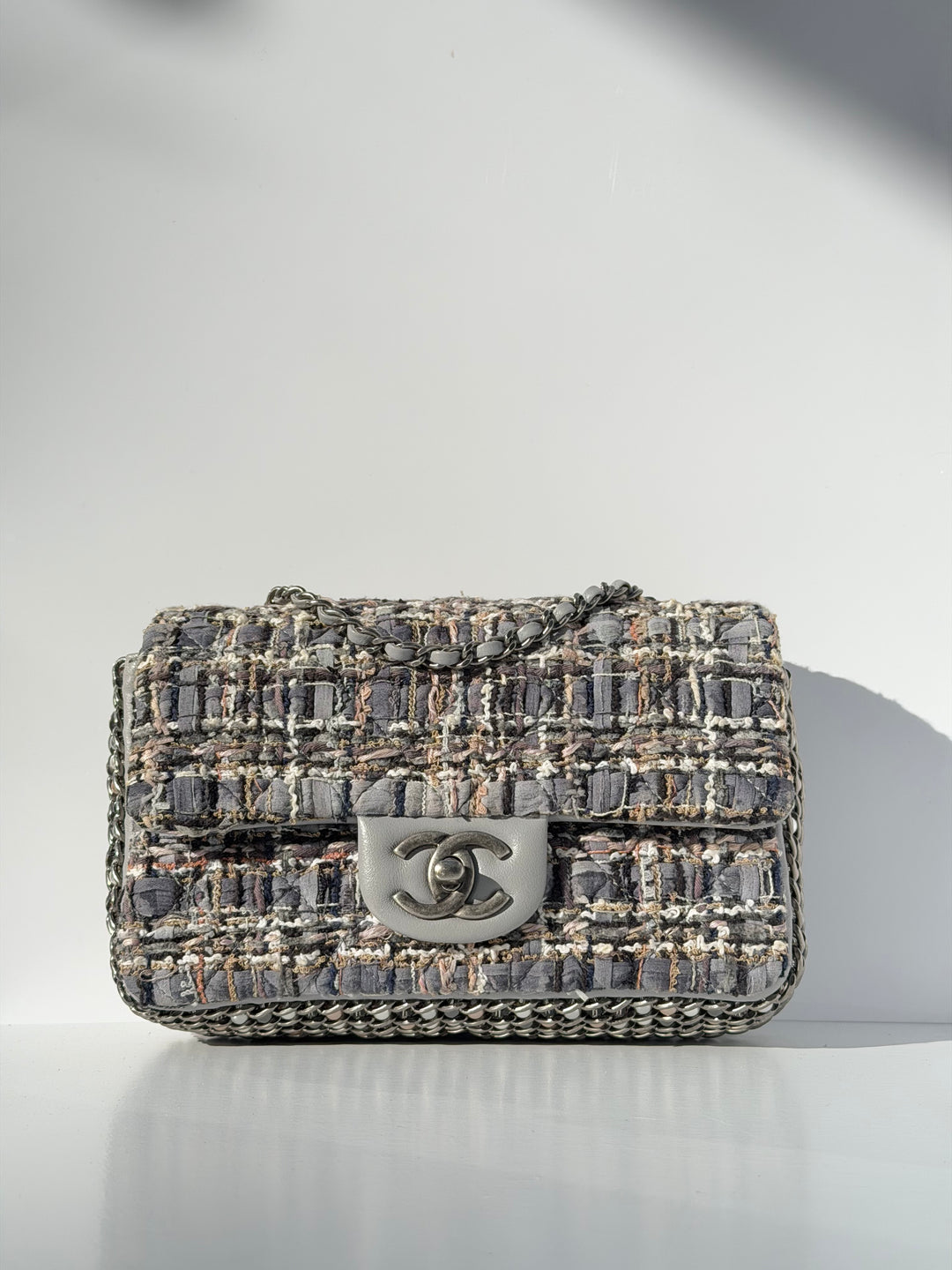 Chanel River of Pearls Mini Flap Quilted Tweed Grey Aged Silver Hardware