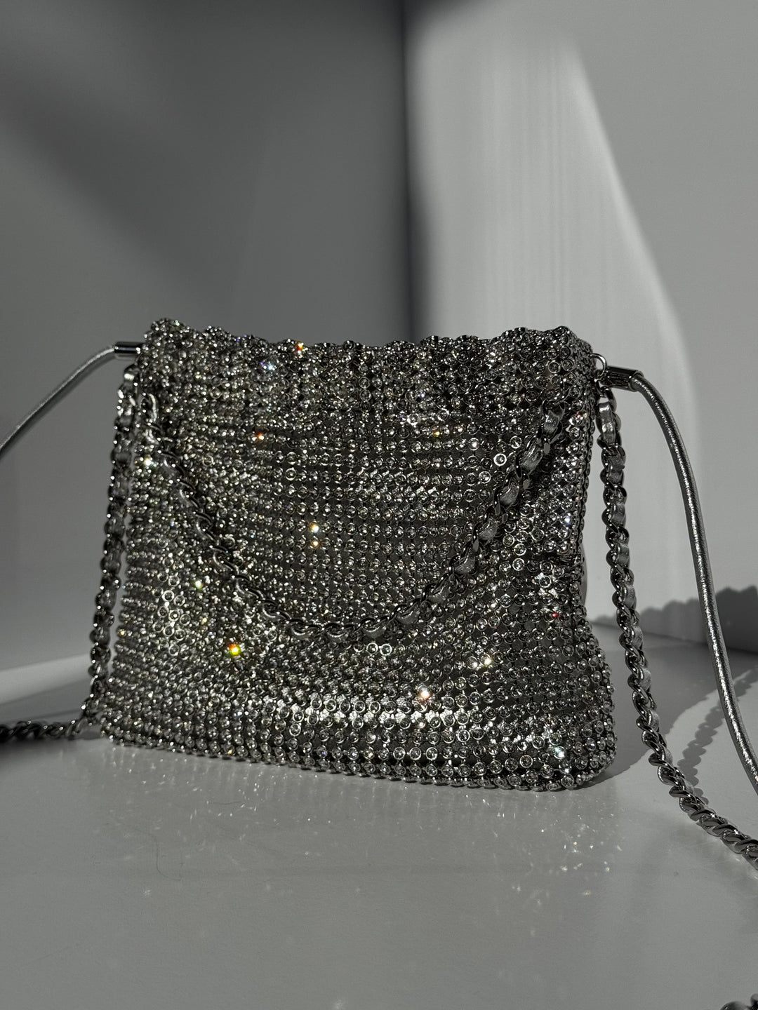 Chanel Mini Chanel 22 Crystal Embellished Metallic Lambskin Silver Silver Hardware