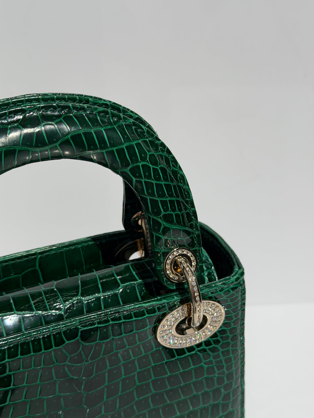 Dior Emerald Crocodile Mini Lady Dior Top Handle Diamond Gold Hardware 2022