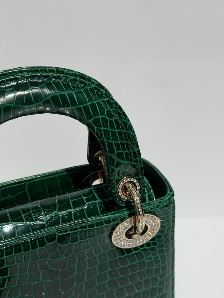 Dior Emerald Crocodile Mini Lady Dior Top Handle Diamond Gold Hardware 2022
