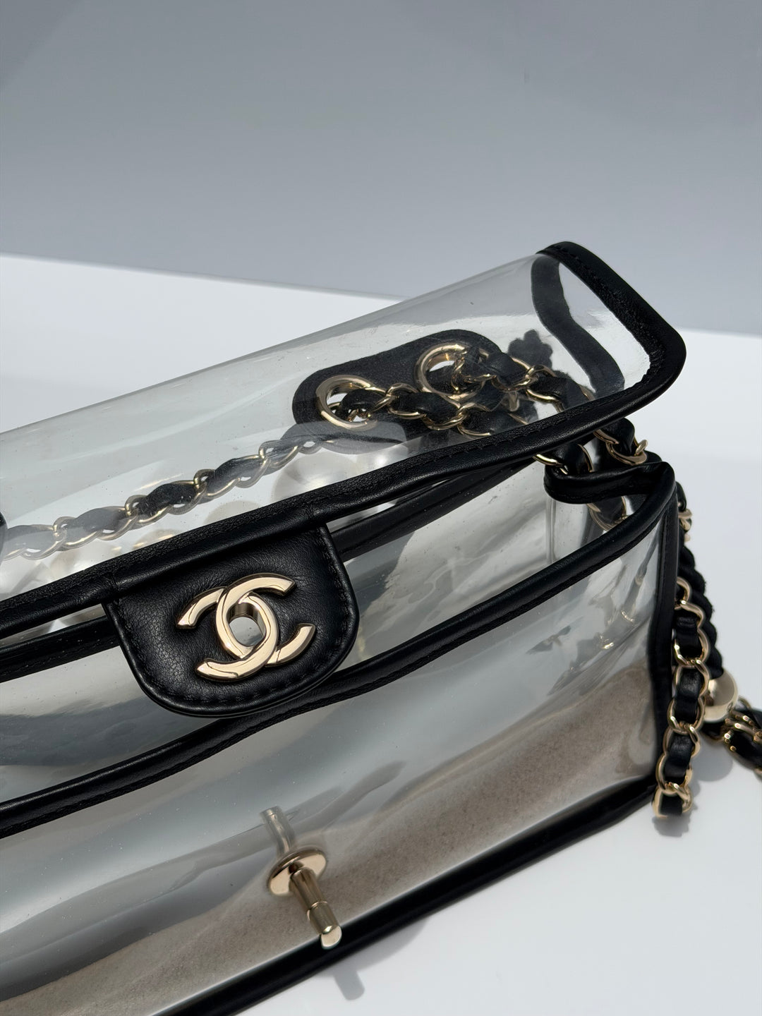 Chanel Sand By The Sea Pearl Strap Flap Bag PVC Black Light Gold Hardware 2019