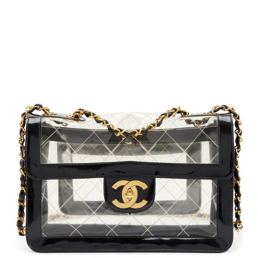 Chanel Maxi Classic Flap Bag Clear Vinyl Black Patent Leather Gold Hardware 1994