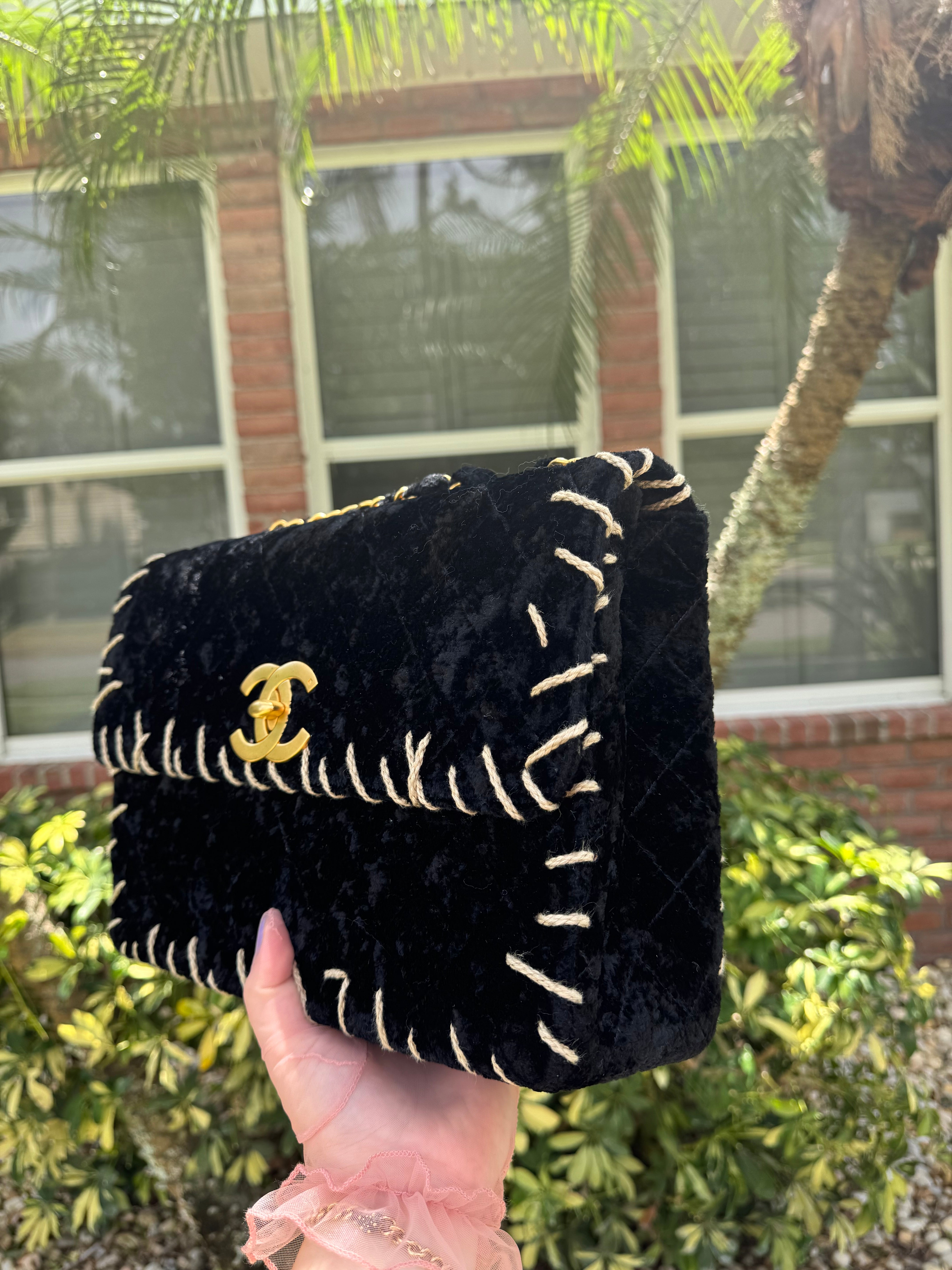 Chanel 1993 Black Velvet Whipstitch CC Flap Bag – Its A Luv Story
