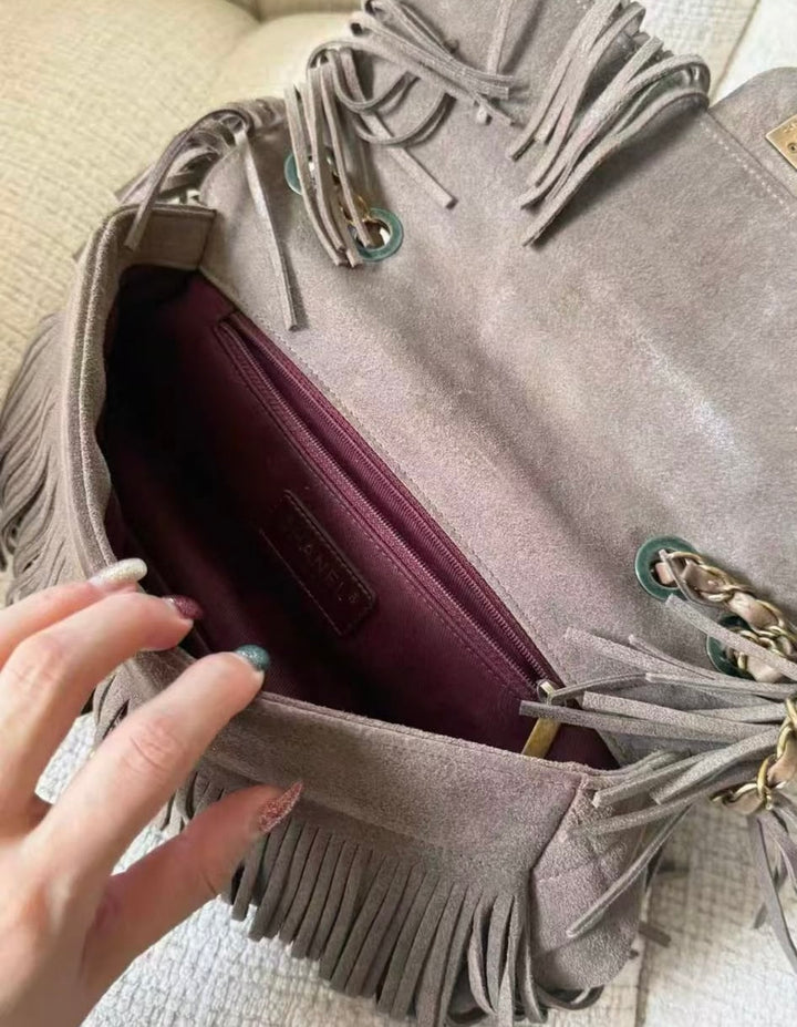 Chanel Paris-Dallas Medium Fringe Flap Bag Taupe Suede Calfskin Antique Gold Tone Hardware 2014