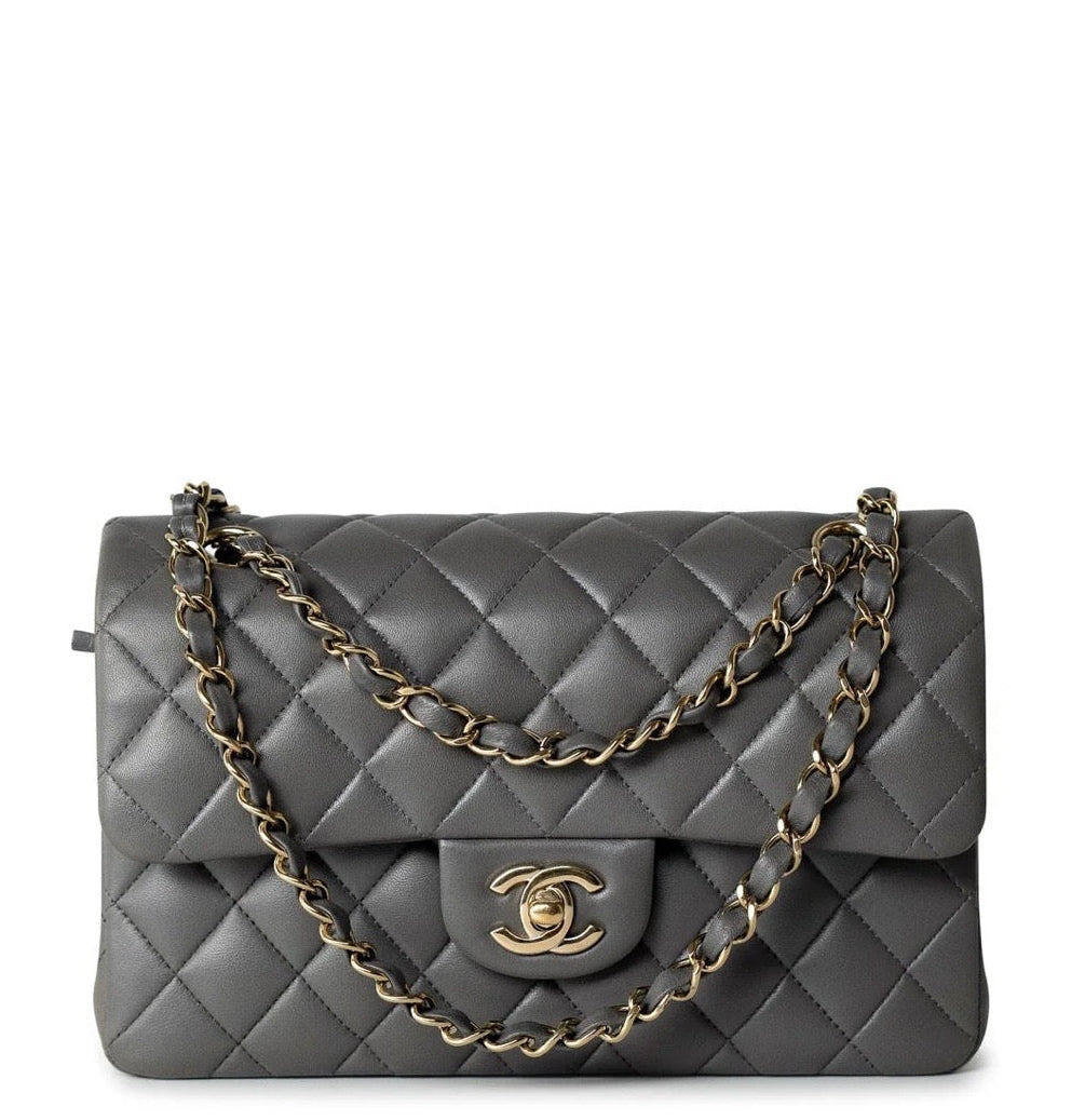 Chanel Small Classic Double Flap Lambskin Grey Gold Hardware 2022