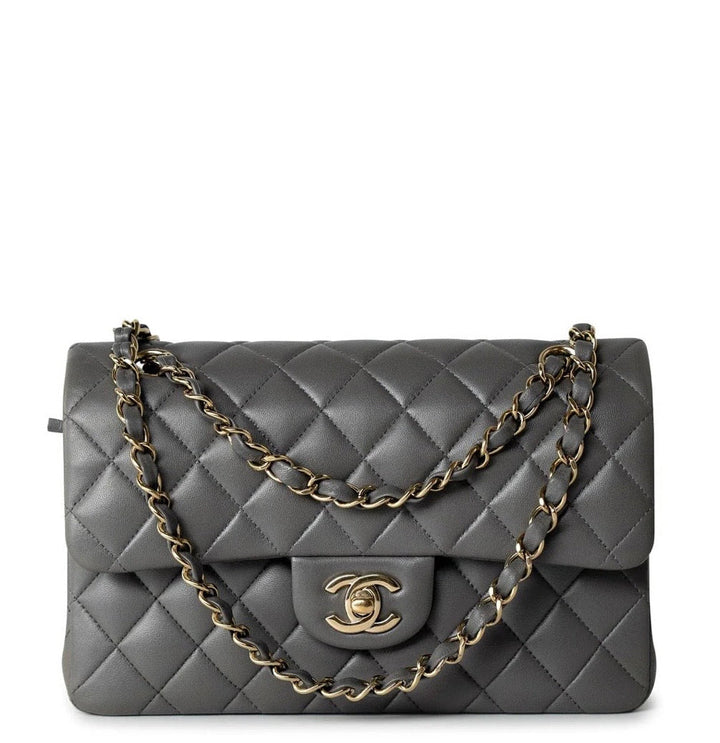 Chanel Small Classic Double Flap Lambskin Grey Gold Hardware 2022