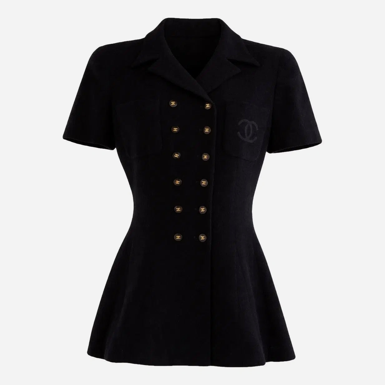 Chanel 1995 Black Tweed CC Logo Peplum Jacket – Its A Luv Story