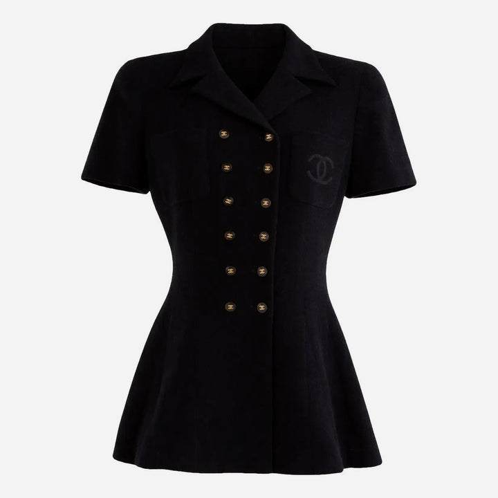 Chanel 1995 Black Tweed CC Logo Peplum Jacket