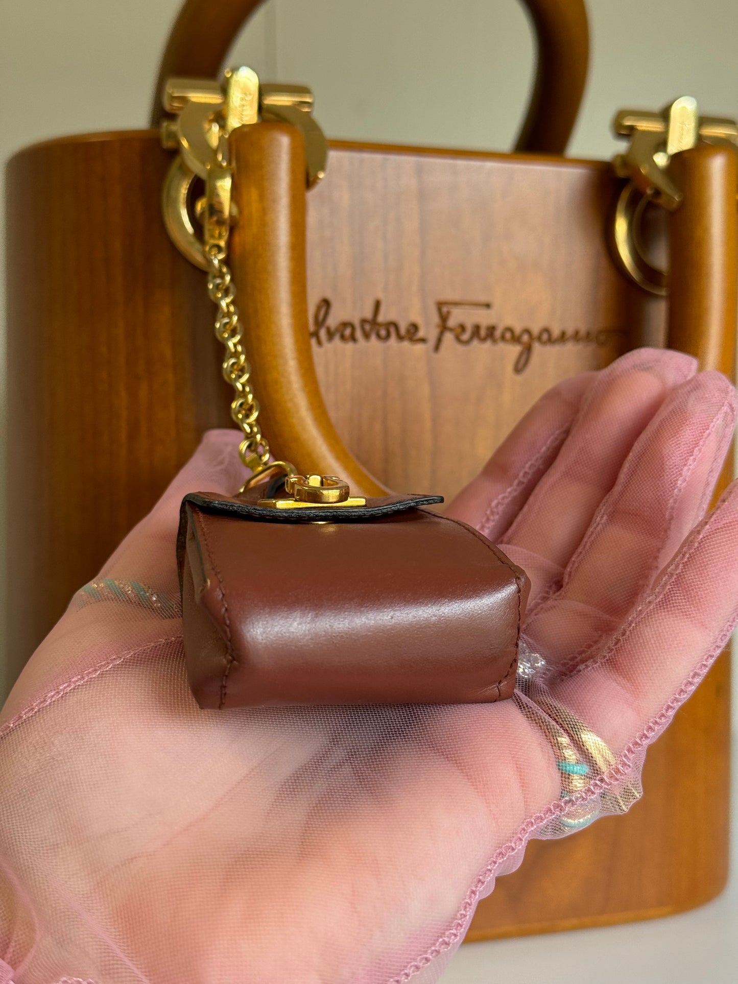 Salvatore Ferragamo Vintage Gancini Wooden Bucket Bag + Coin Pouch