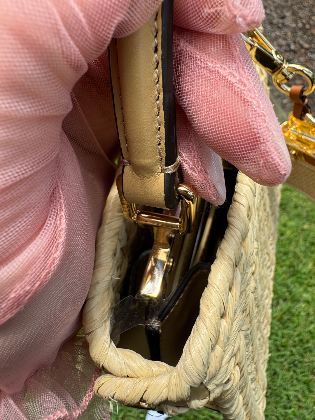 Fendi Peekaboo ISeeU Petite Sand Raffia Bag + Fendi Charm