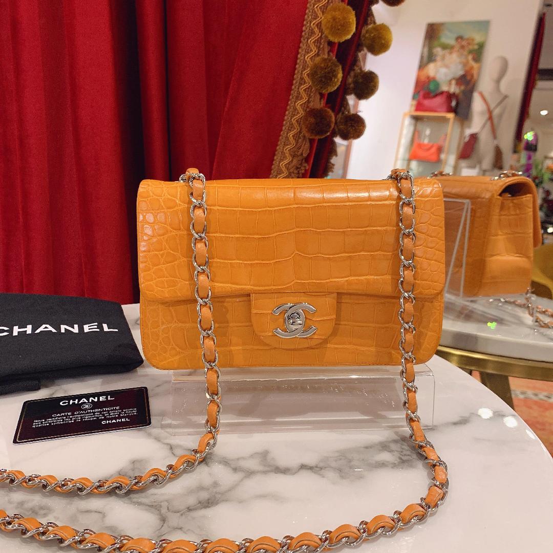 Chanel Orange Matte Croc Mini Flap Silver Hardware 2014