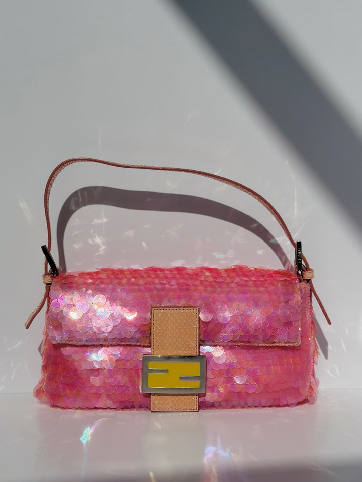 Fendi Pink Sequin Baguette Python Trim Silver Hardware 1998