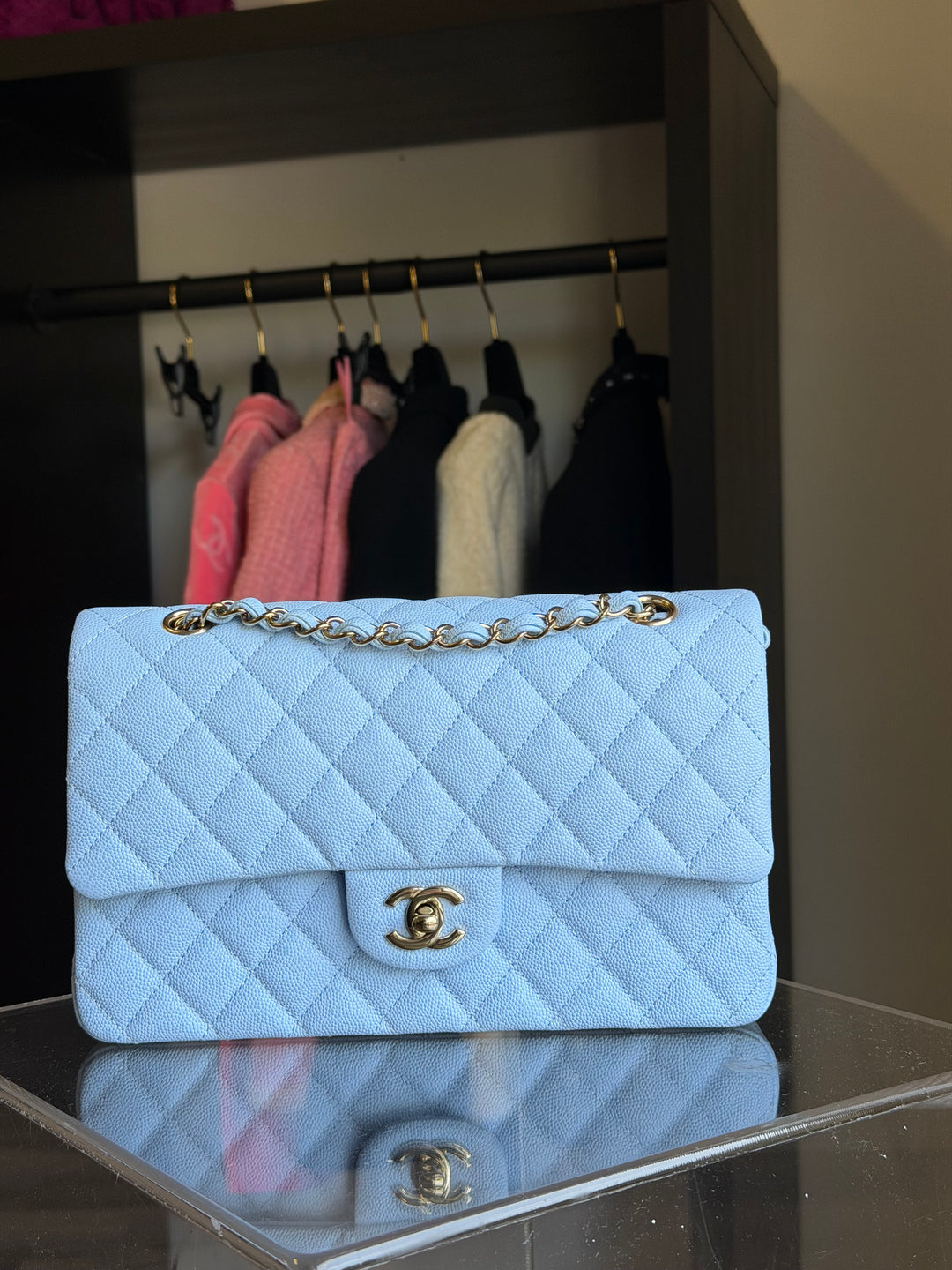 Chanel Medium Classic Double Flap Caviar Light Blue Light Gold Hardware 2023
