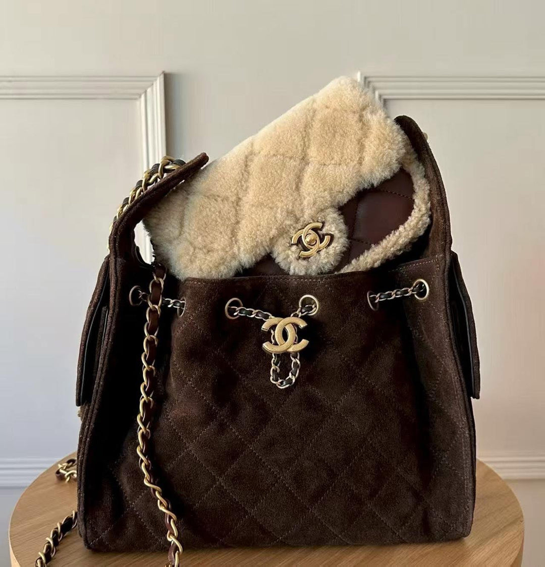 Chanel 25K Brown Mini Shearling Flap Bag
