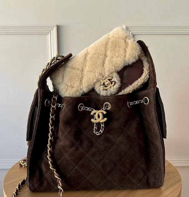 Chanel 25K Brown Mini Shearling Flap Bag