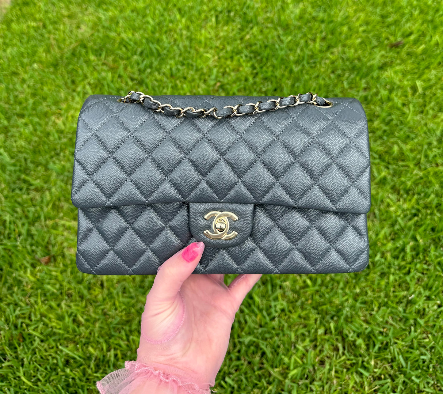 Chanel 21B Dark Grey Medium Caviar Classic Flap Bag