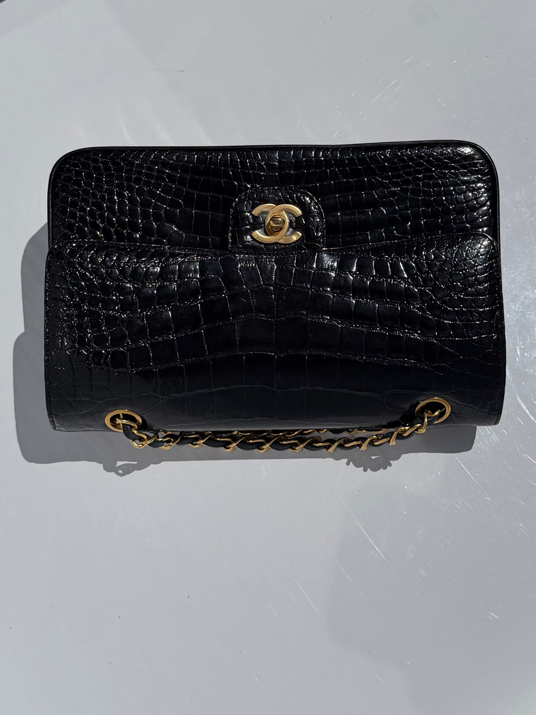 Chanel Medium Classic Flap Bag Alligator Black 24K Plated Gold Hardware 1997