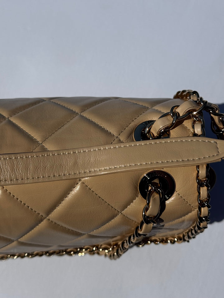 Chanel Beige Crumpled Calfskin Medium Chain All Over Flap Bag