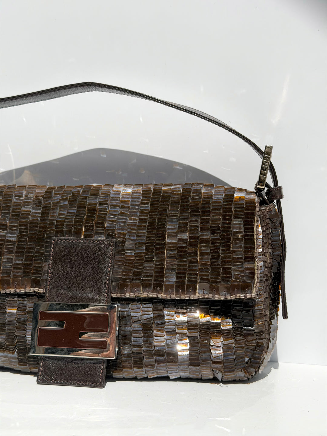 Fendi Brown Sequin Zucca FF Baguette Silver Hardware