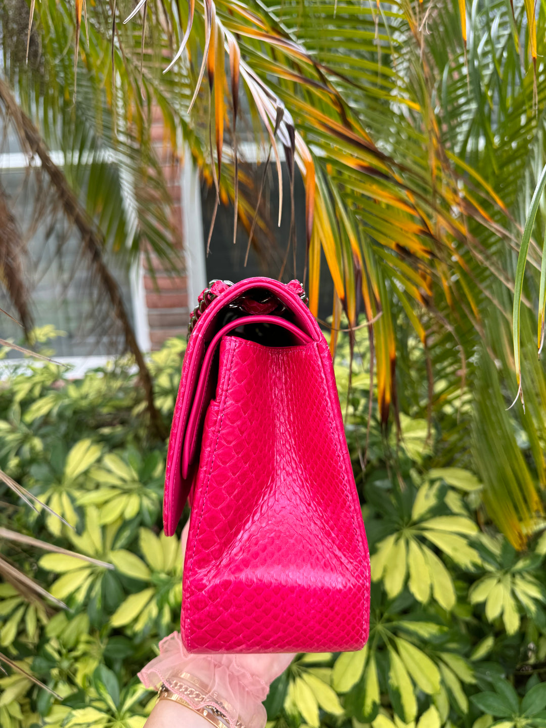 Chanel Fuschia Python Jumbo Double Flap