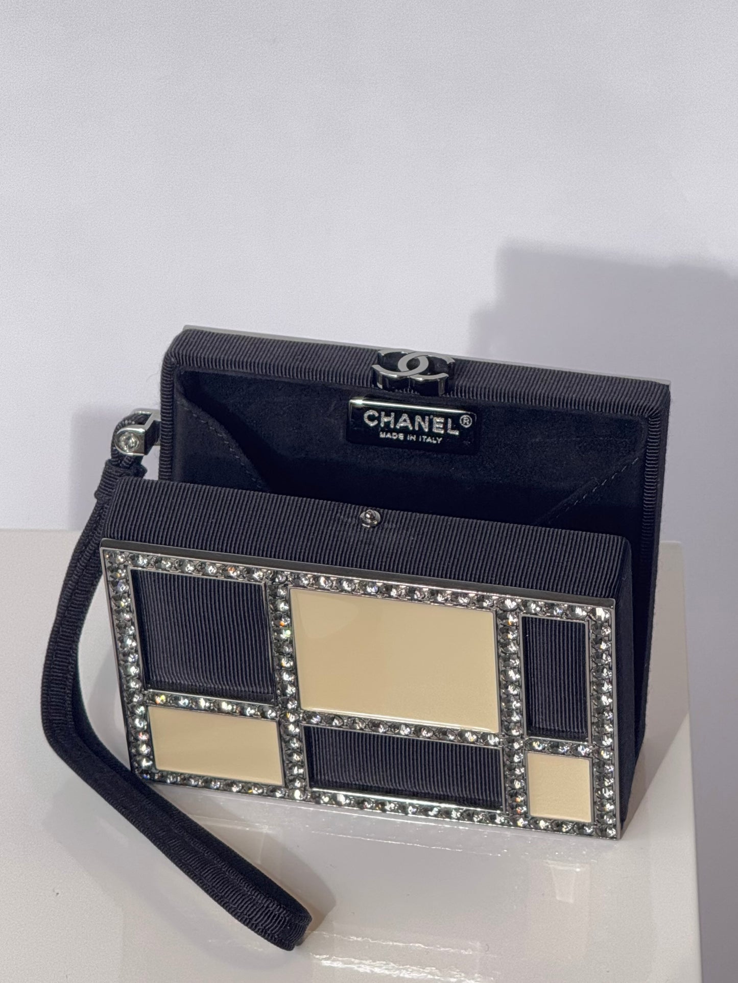 Chanel Minaudière Clutch in Plexi, Black cotton Piqué and Rhinestones