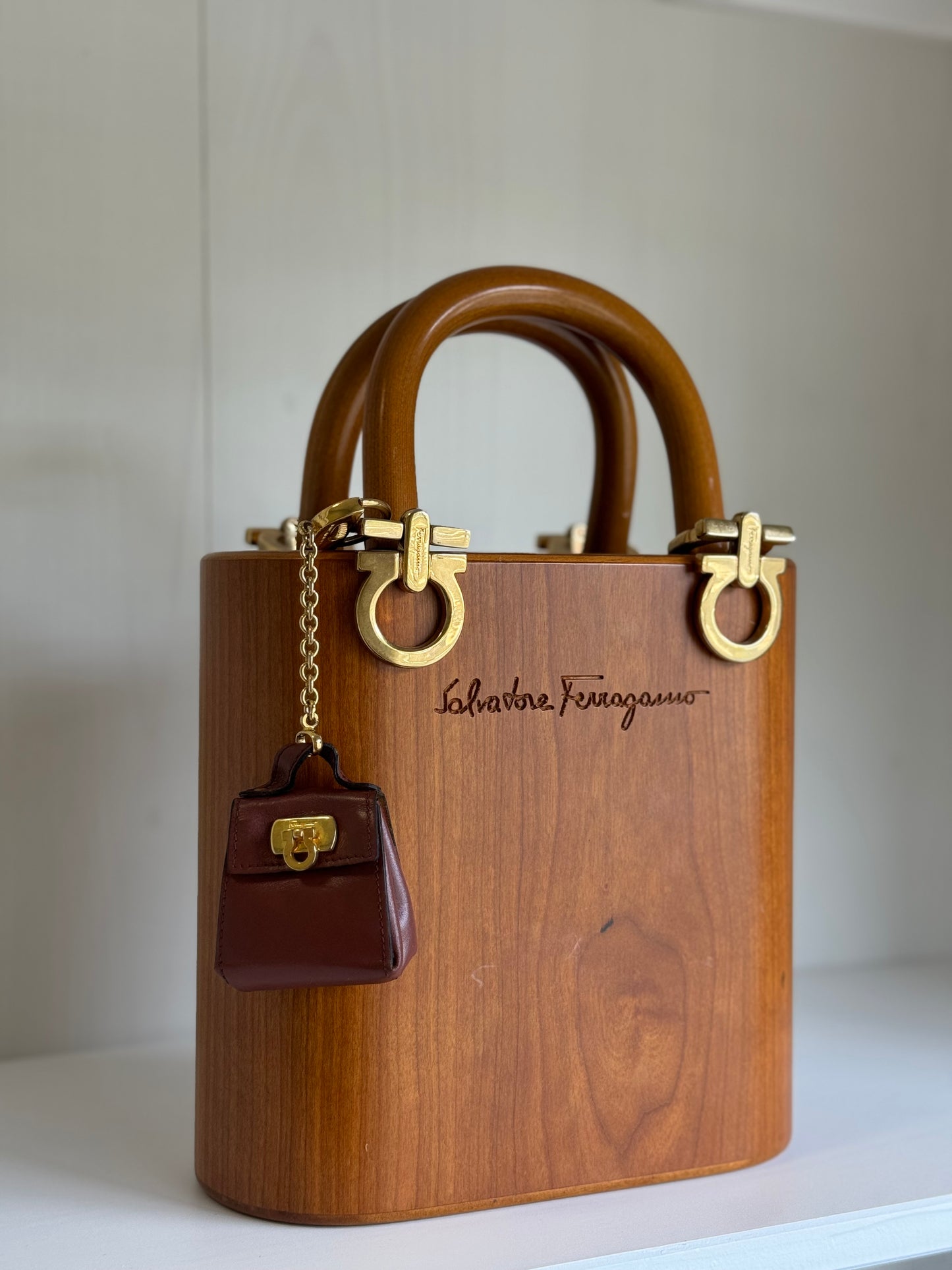 Salvatore Ferragamo Vintage Gancini Wooden Bucket Bag + Coin Pouch