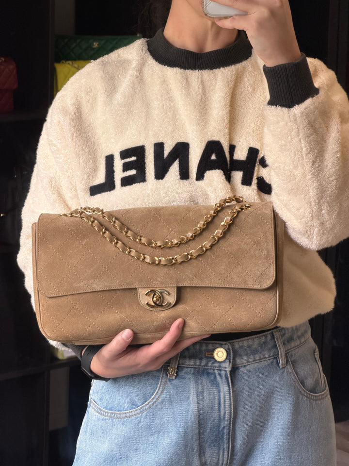 Chanel Maxi Flap Bag Beige Souplissimo Suede Calfskin Gold Tone Hardware 2026