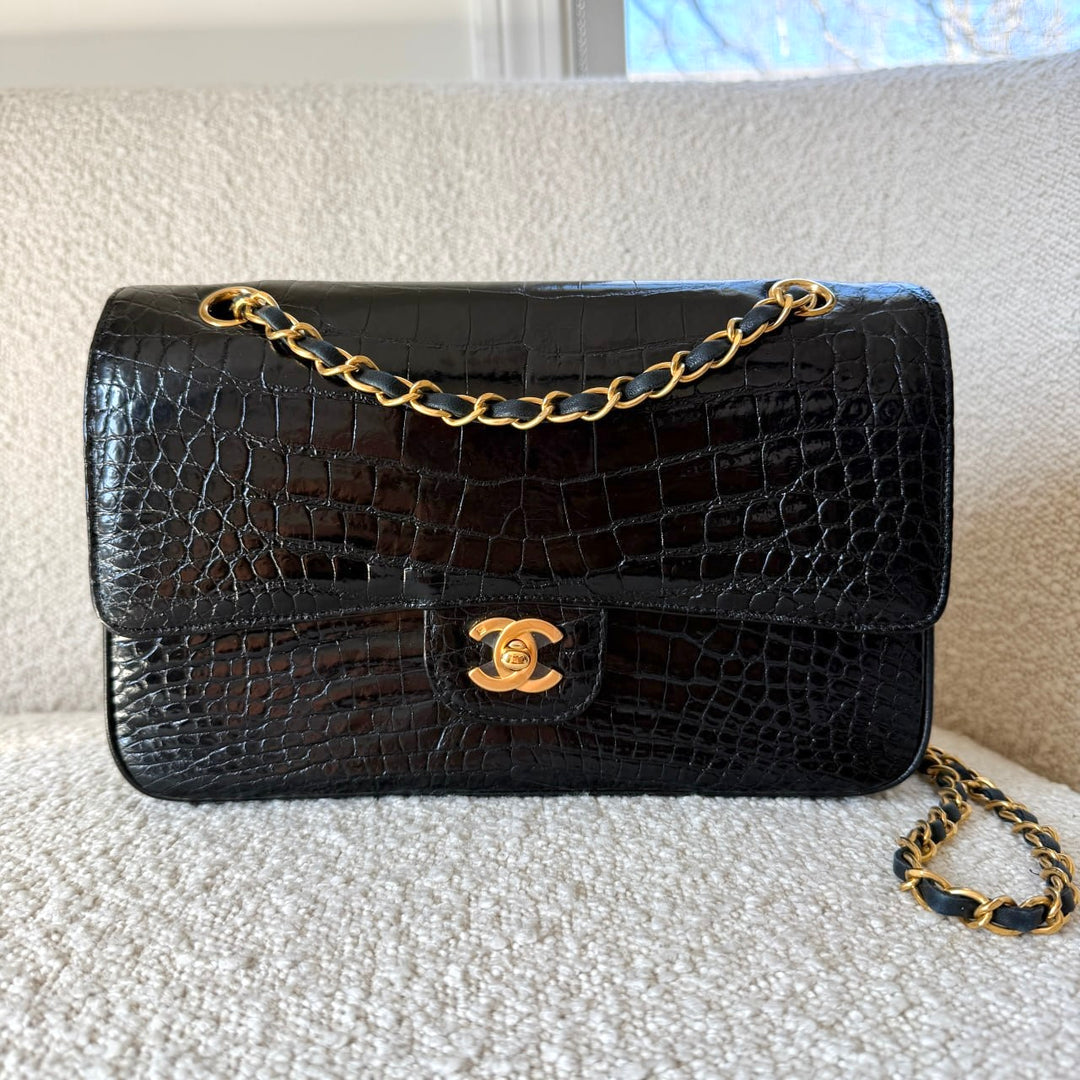 Chanel Medium Classic Flap Bag Alligator Black 24K Plated Gold Hardware 1997