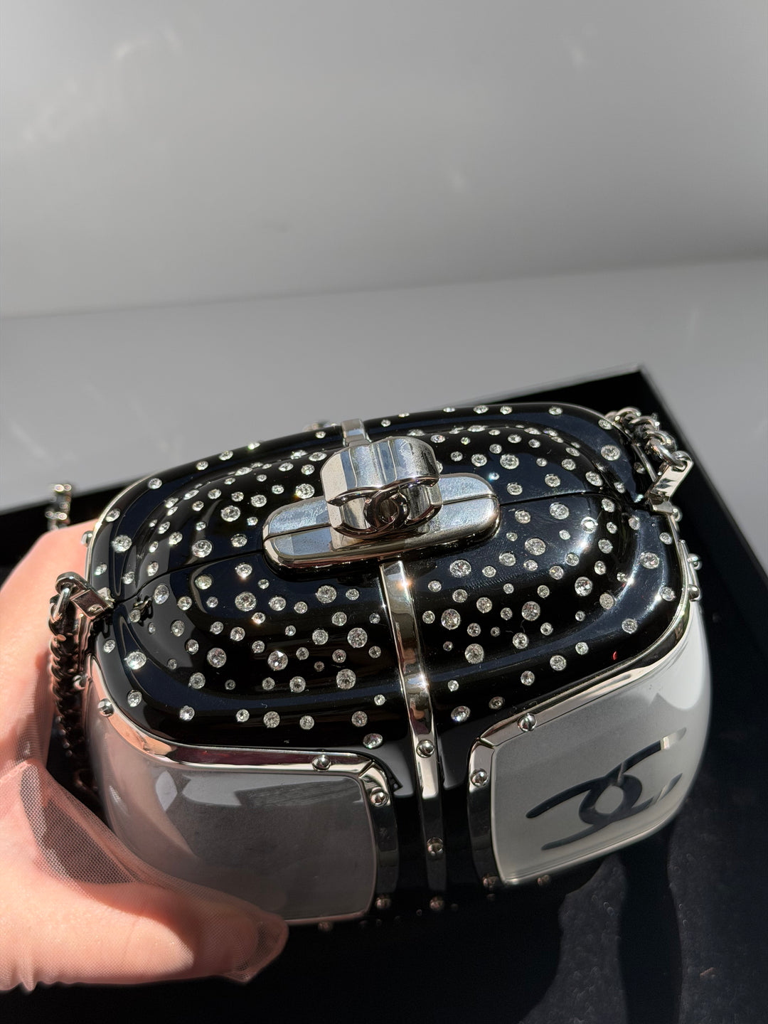 Chanel Ski Gondola Swarovski Minaudière Black Silver Hardware 2019