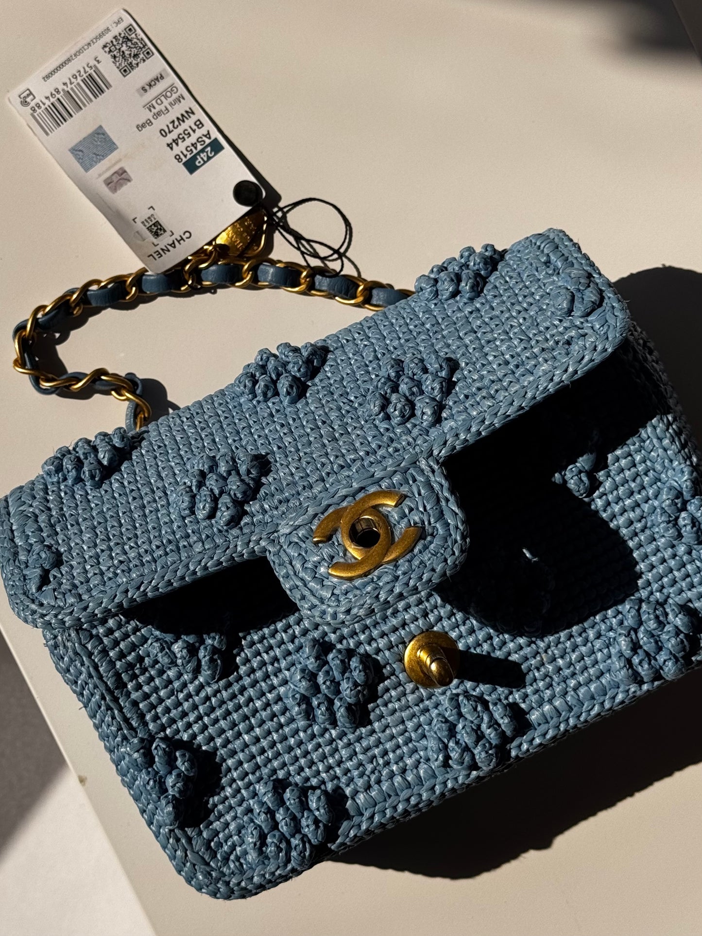 Chanel 24P Blue Braided Raffia Mini Flap Bag