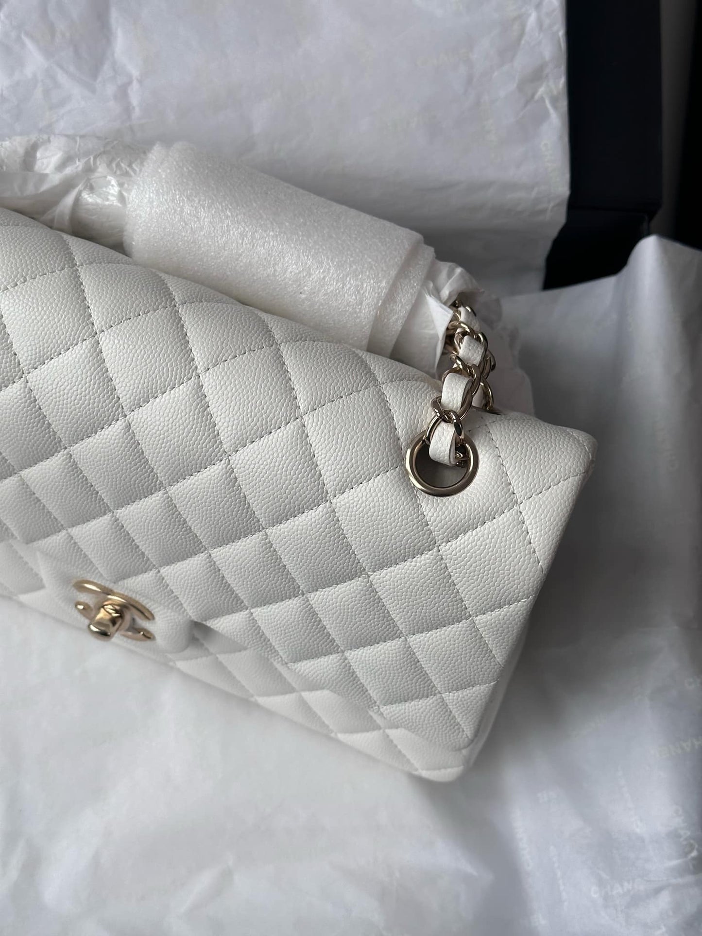 Chanel 22S Snow White Medium Caviar Double Flap Bag