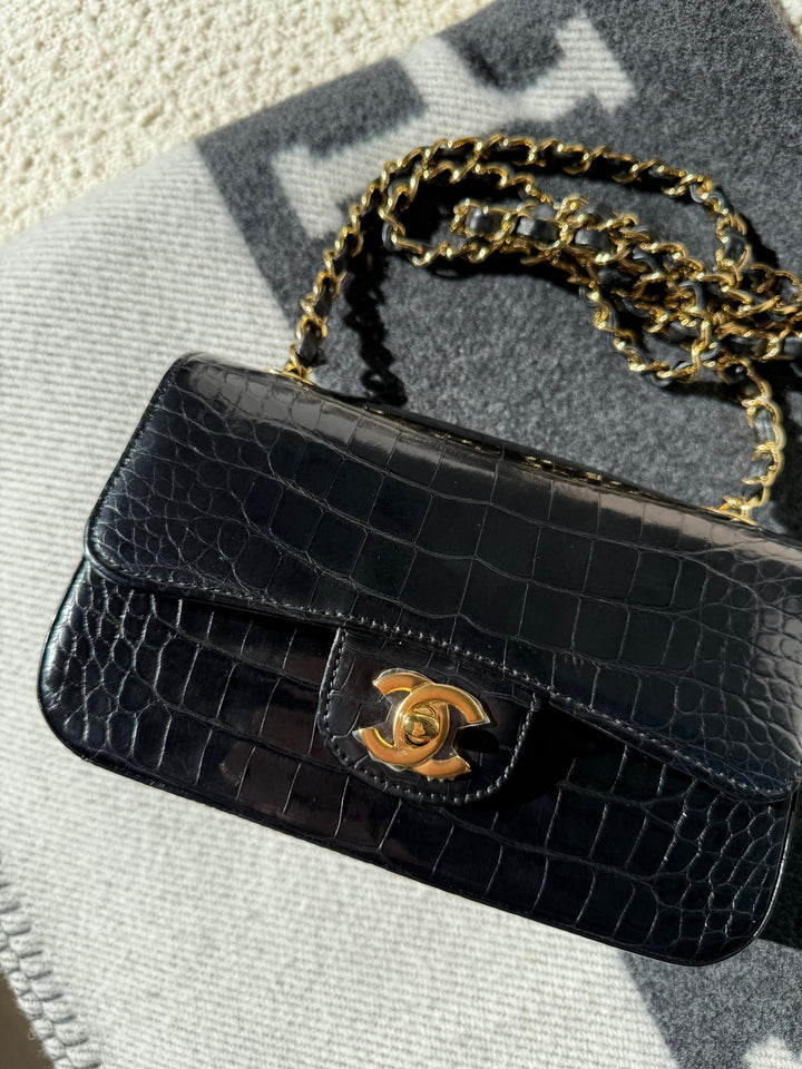 Chanel Mini Classic Flap Alligator Black Gold Hardware 2018