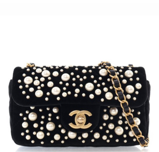 Chanel Black Velvet Mini Pearl Flap Bag
