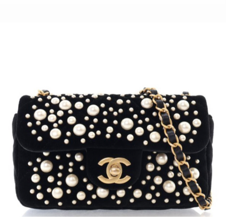 Chanel Black Velvet Mini Pearl Flap Bag