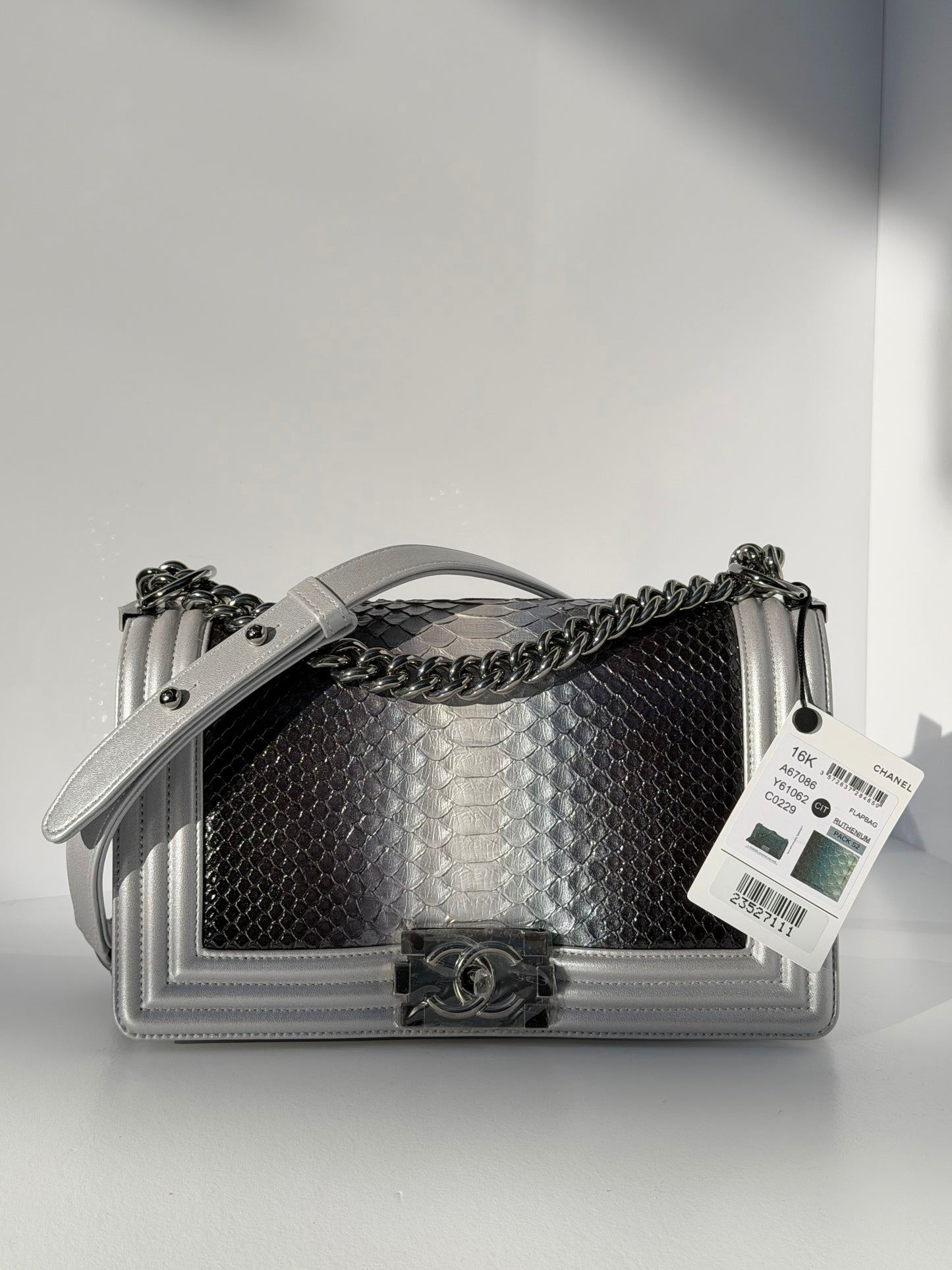 Chanel 16K Silver Python Old Medium Boy Bag