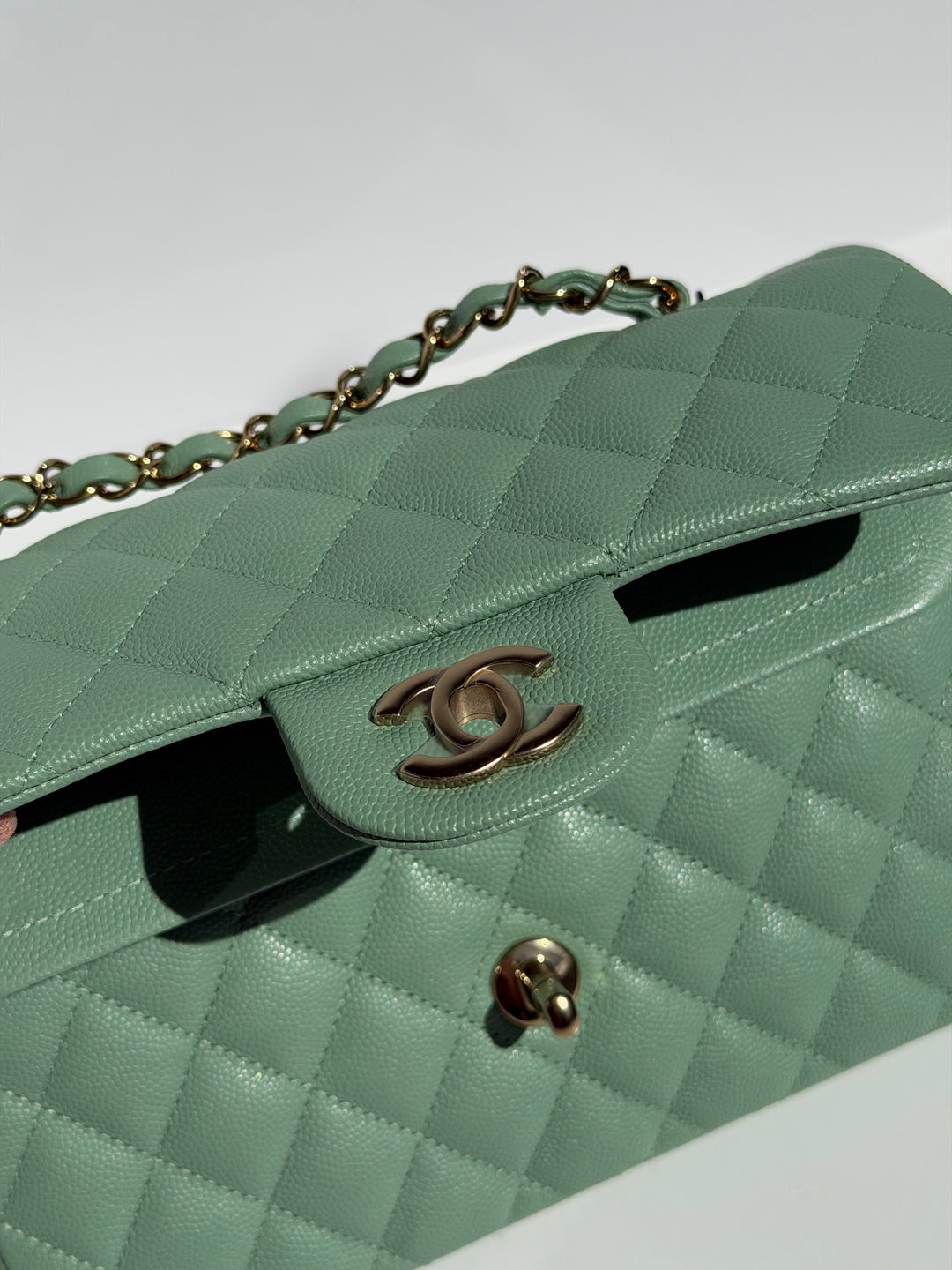 Chanel Small Classic Double Flap Caviar Green Light Gold Hardware 2023