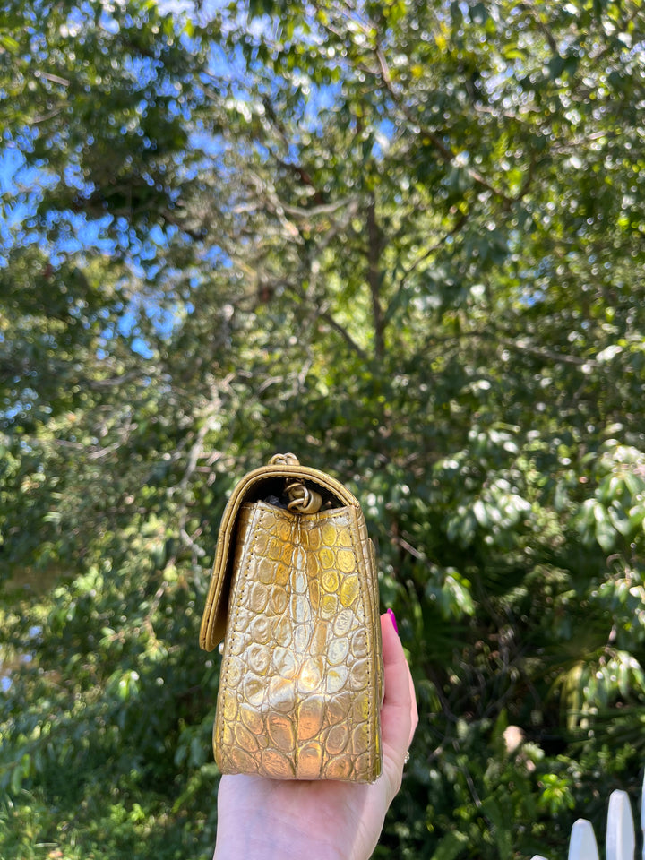 Chanel Gold Croc Embossed Mini Rectangular Flap Bag