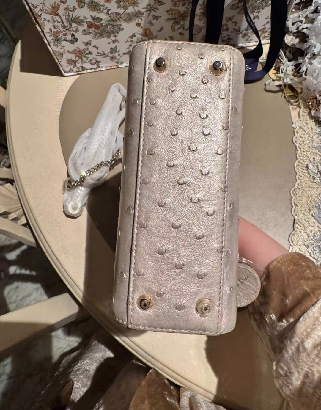 Lady Dior Champagne Ostrich Mini Top Handle