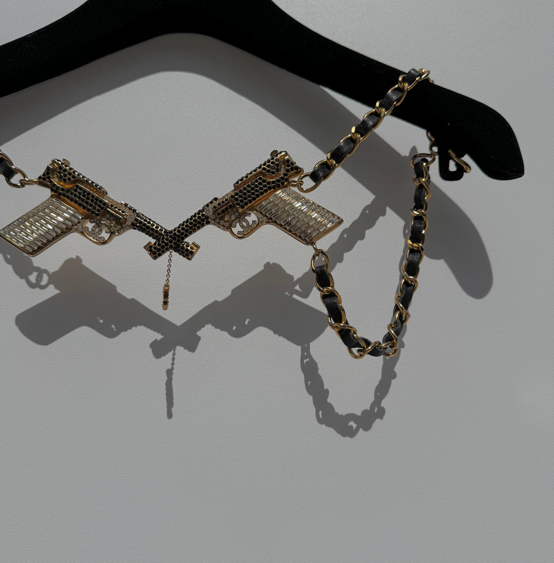 Chanel Runway Pistols Belt Necklace Black Leather Crystal Gold Hardware 2001