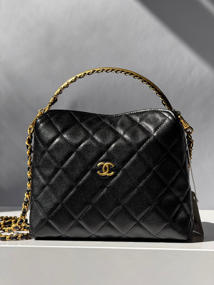 Chanel Top Handle Caviar Clutch With Chain Black Gold Hardware 2024