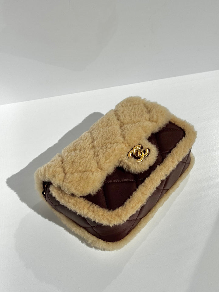 Chanel 25K Brown Mini Shearling Flap Bag