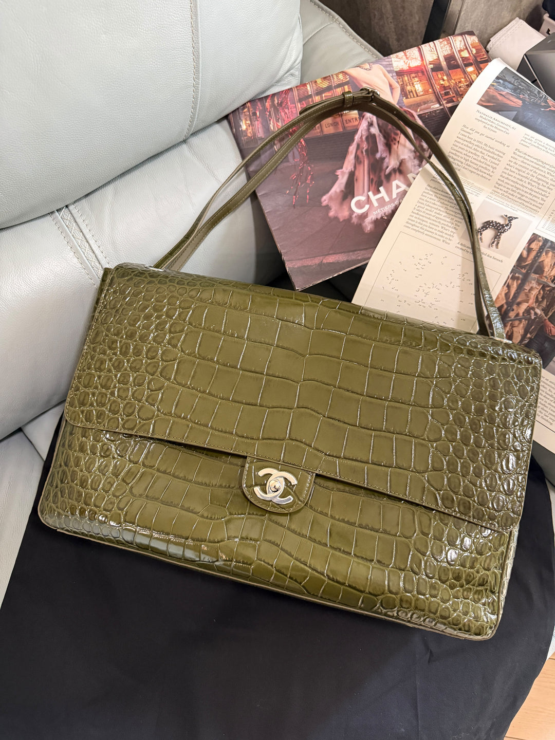 Chanel Maxi Flap Bag Khaki Crocodile Embossed Calfskin Silver Tone Hardware 2026