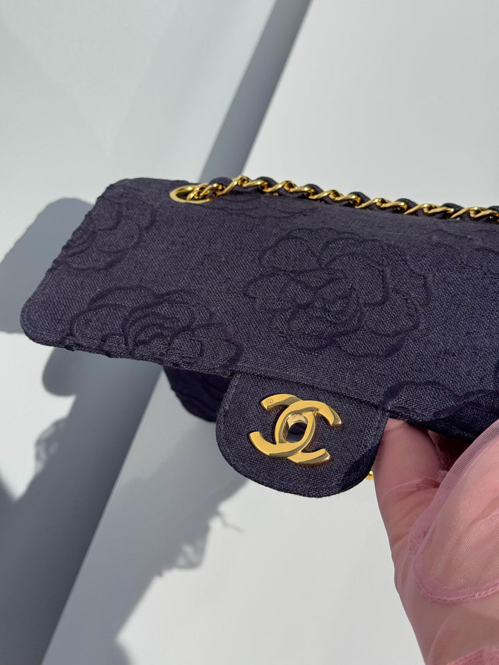 Chanel 1997 Medium 24K Navy Camellia Classic Flap Bag
