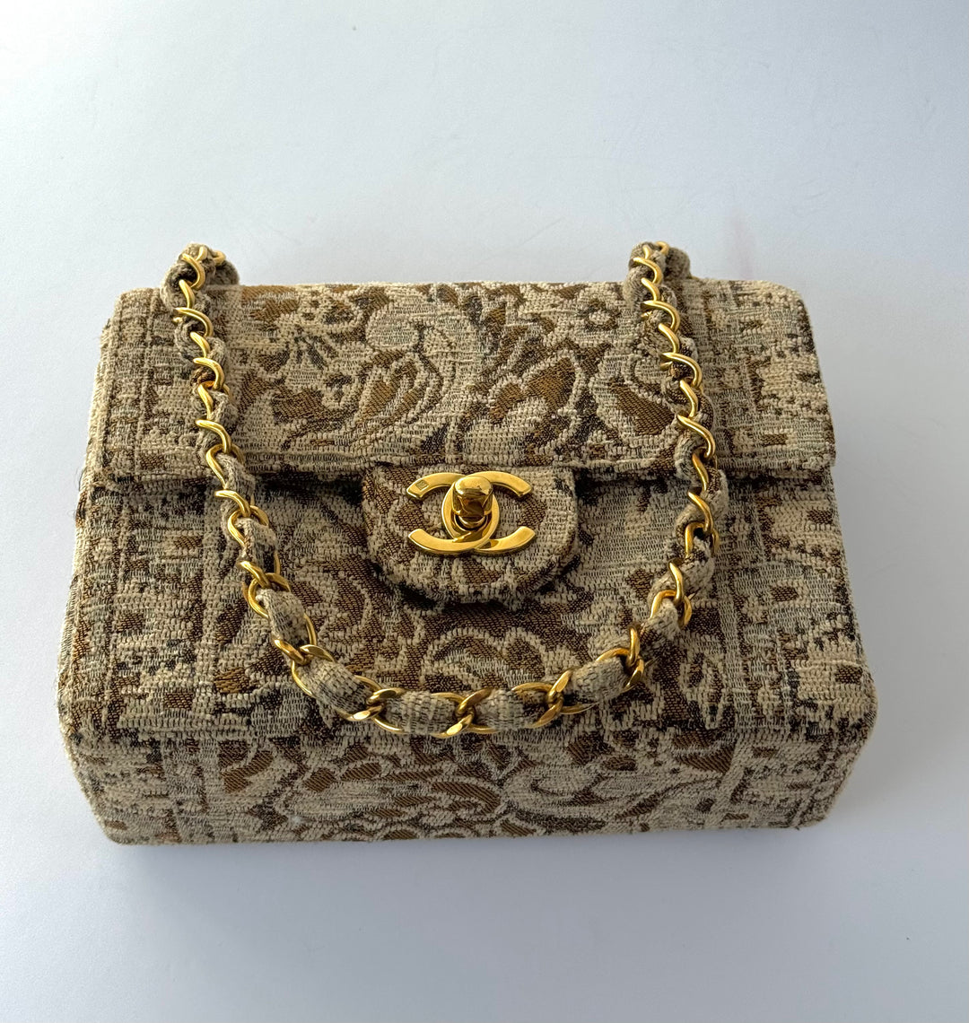 Chanel 1991 Bronze Metallic Brocade Vintage Mini Square Flap Bag