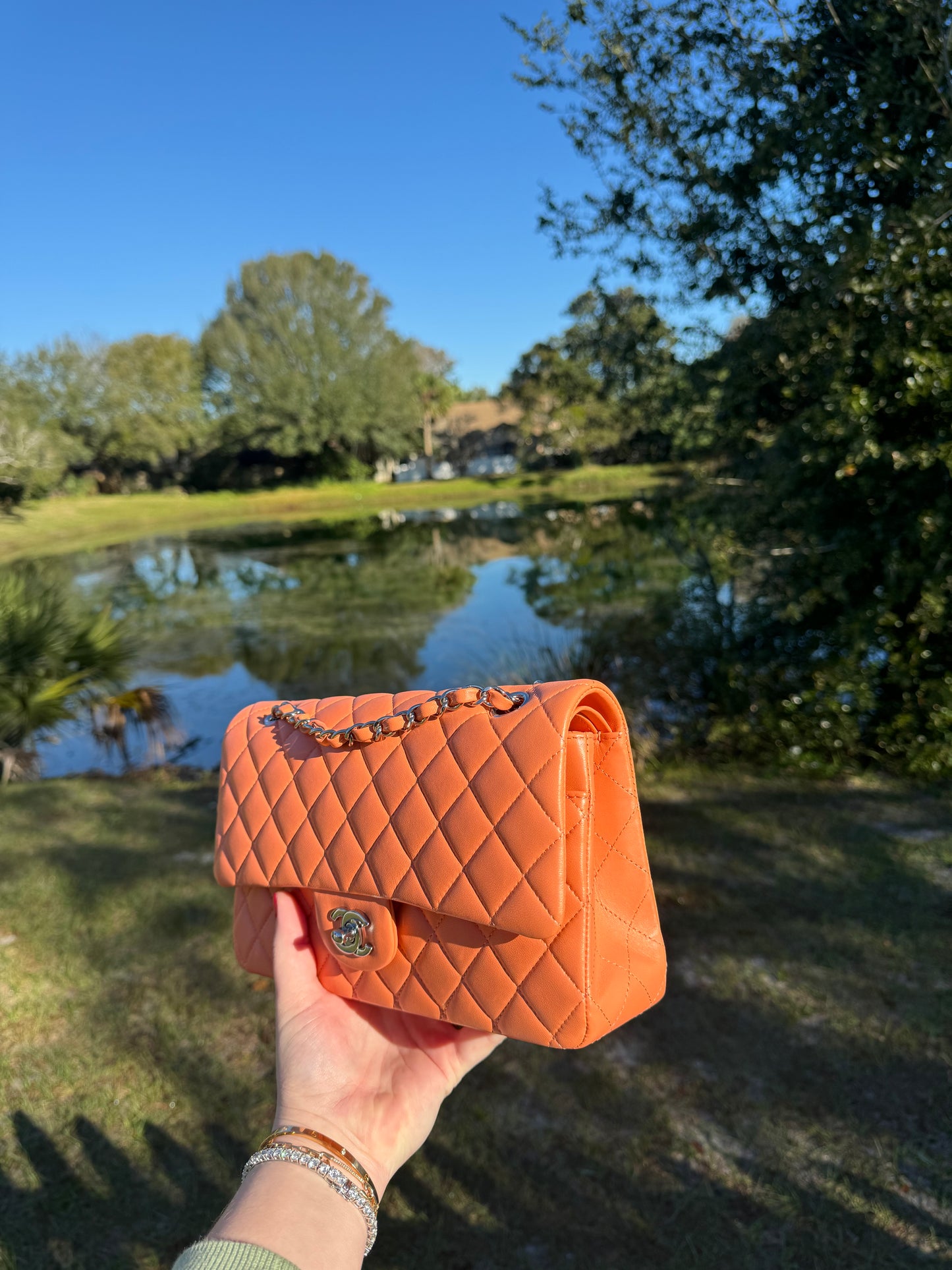 Chanel 21S Orange Neon Lambskin Medium Flap Bag