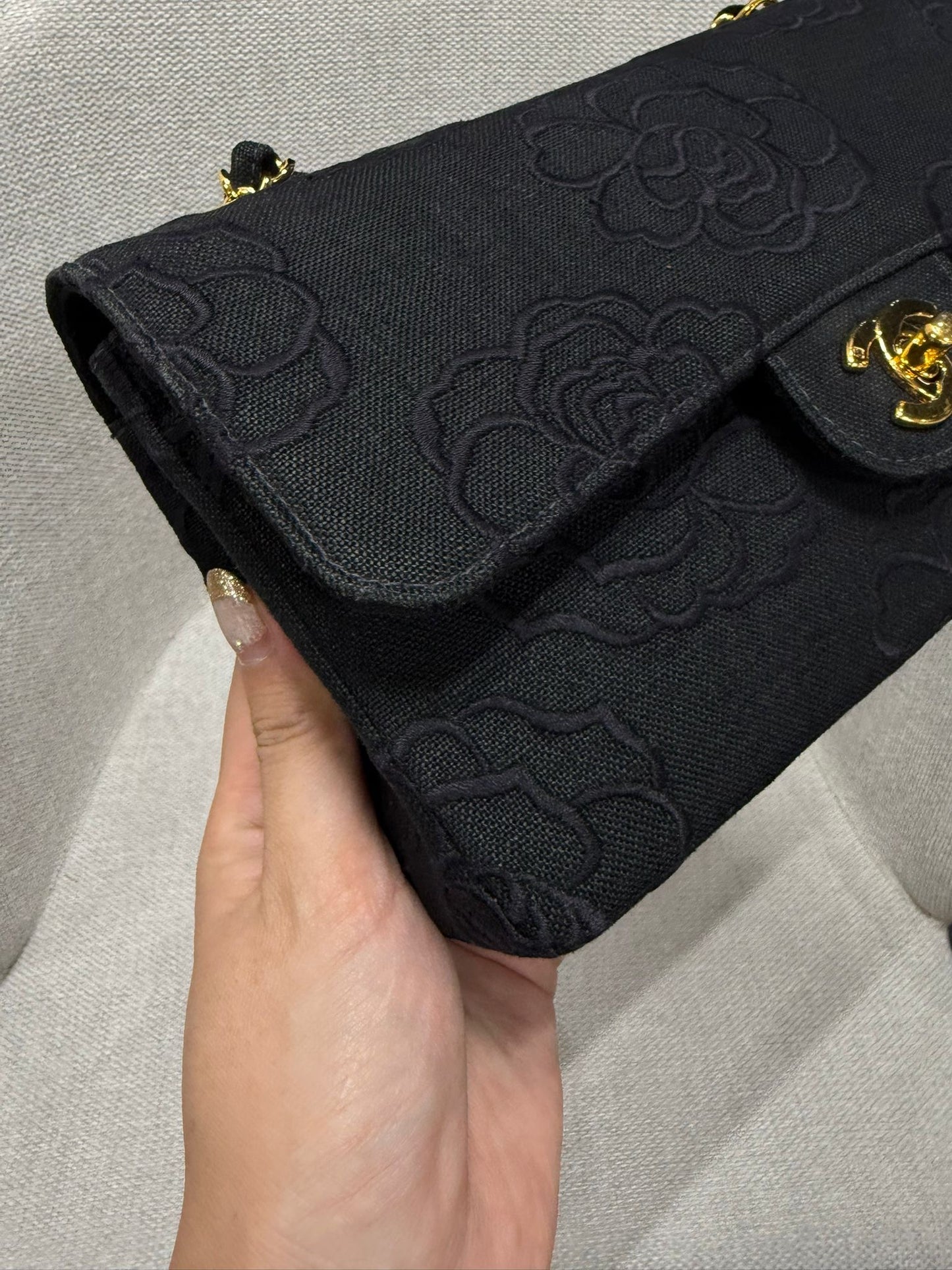 Chanel 1997 Small 24K Black Camellia Classic Flap Bag